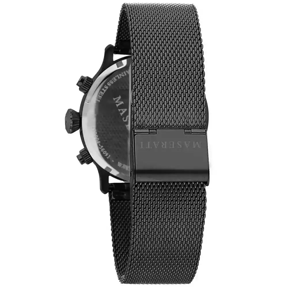 Black-tone sliding buckle on Maserati Epoca R8873618006 men's quartz battery black mesh strap watch