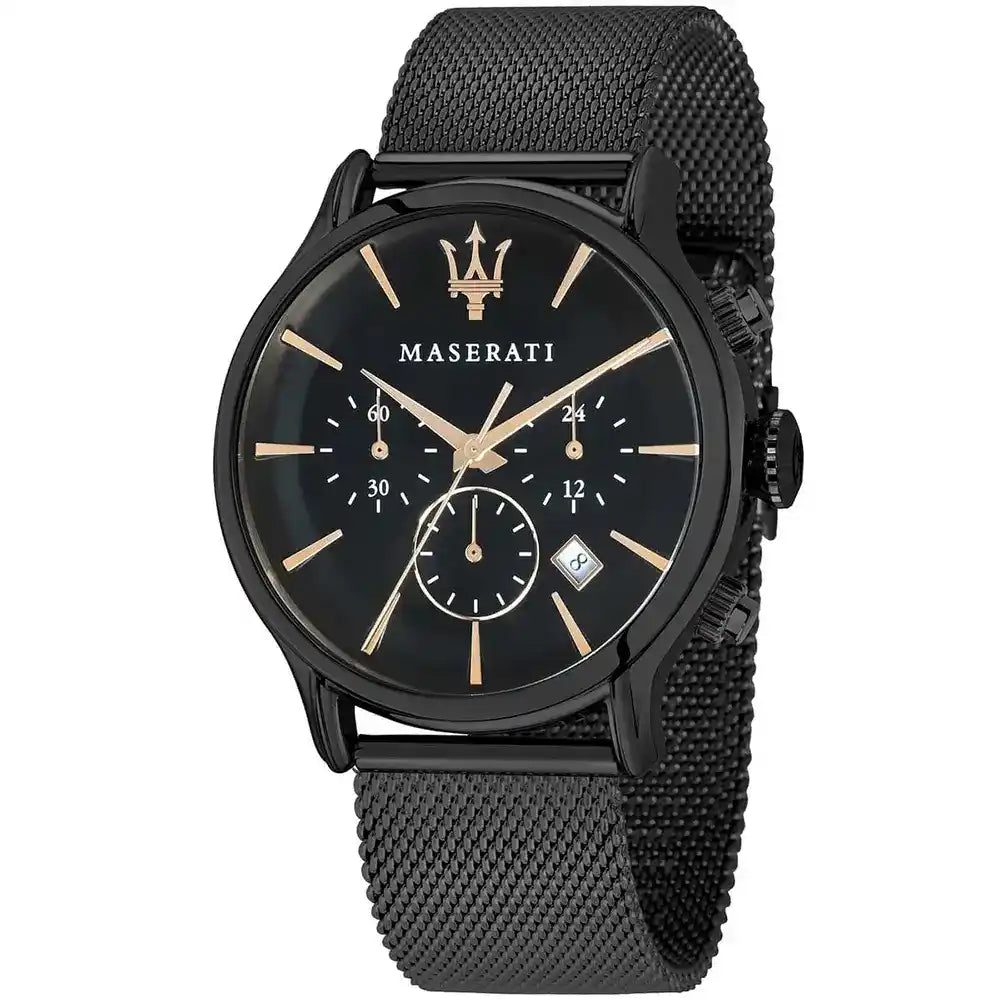 Maserati Epoca R8873618006 men's quartz battery watch with black sunray dial, rose gold-tone accents, black PVD case, black mesh strap main view