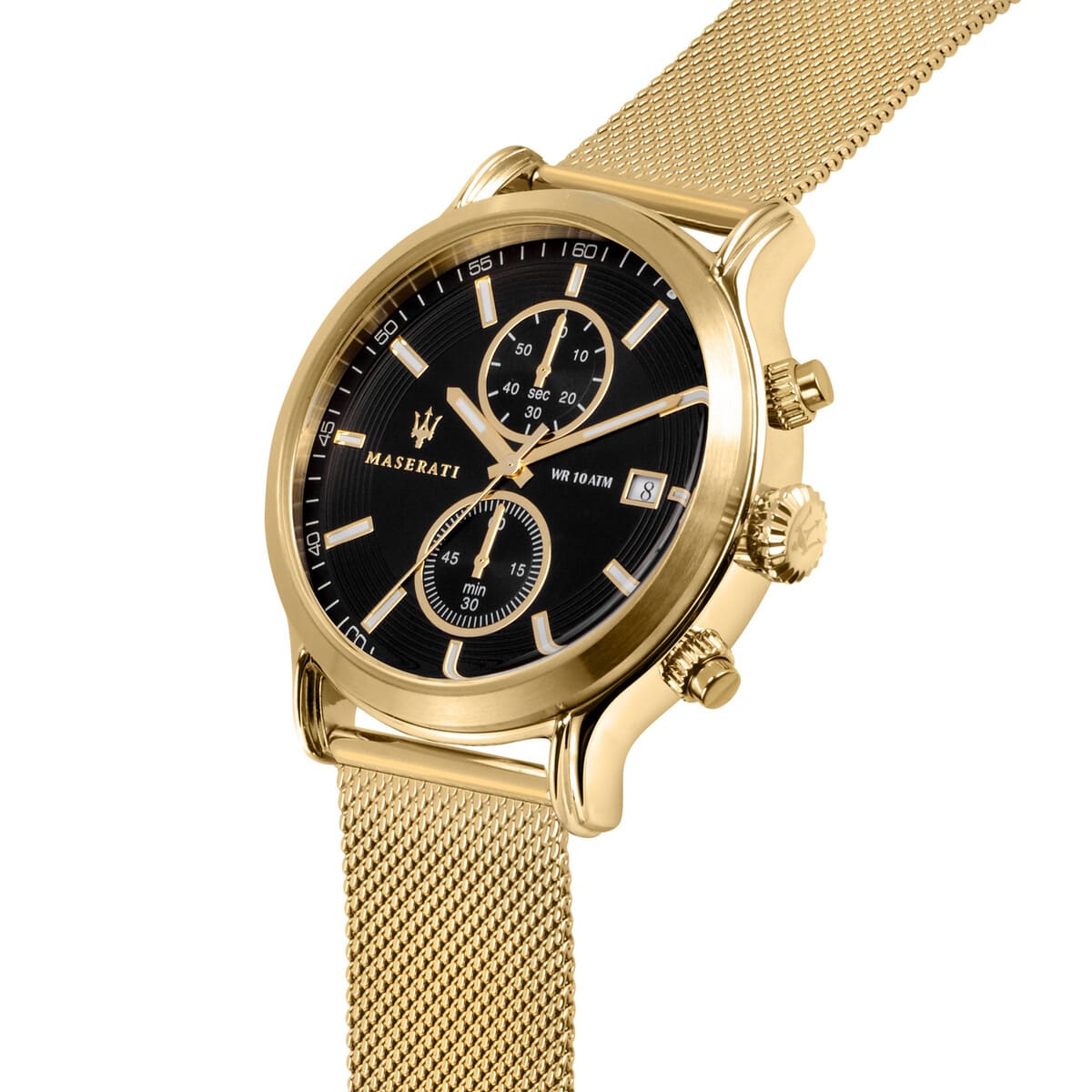 Right angled view of Maserati Epoca R8873618007 men's quartz battery watch highlighting gold finish and black sunray dial details