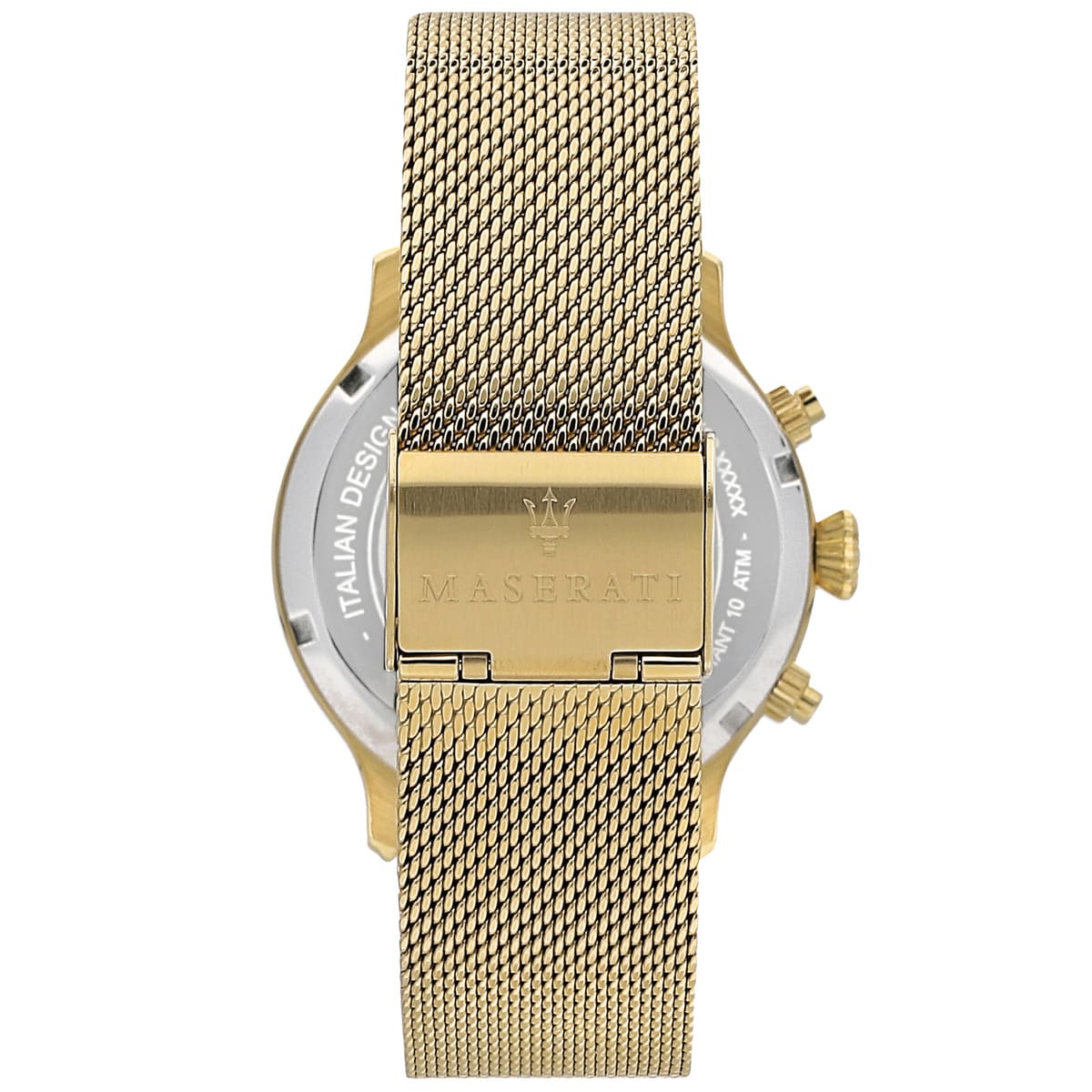 Gold-tone sliding mesh clasp on Maserati Epoca R8873618007 men's quartz battery gold mesh metal watch