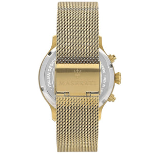 Gold-tone sliding mesh clasp on Maserati Epoca R8873618007 men's quartz battery gold mesh metal watch