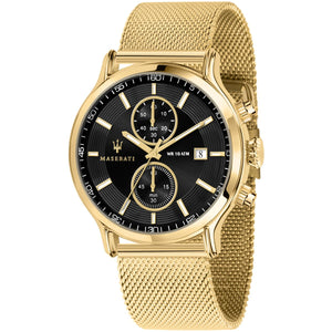 Maserati Epoca R8873618007 men's quartz battery watch with black sunray dial, gold-tone case, gold stainless steel mesh strap main view