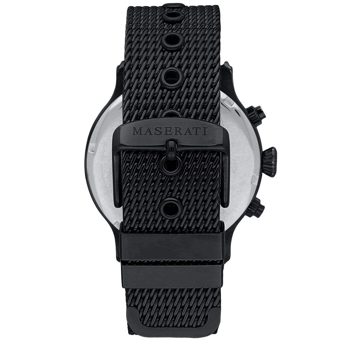 Black-tone sliding buckle on Maserati Epoca R8873618008 men's quartz battery black mesh strap watch