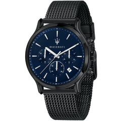 Maserati Epoca R8873618008 men's quartz battery watch with blue sunray dial, chronograph display, black PVD case, black mesh strap main view
