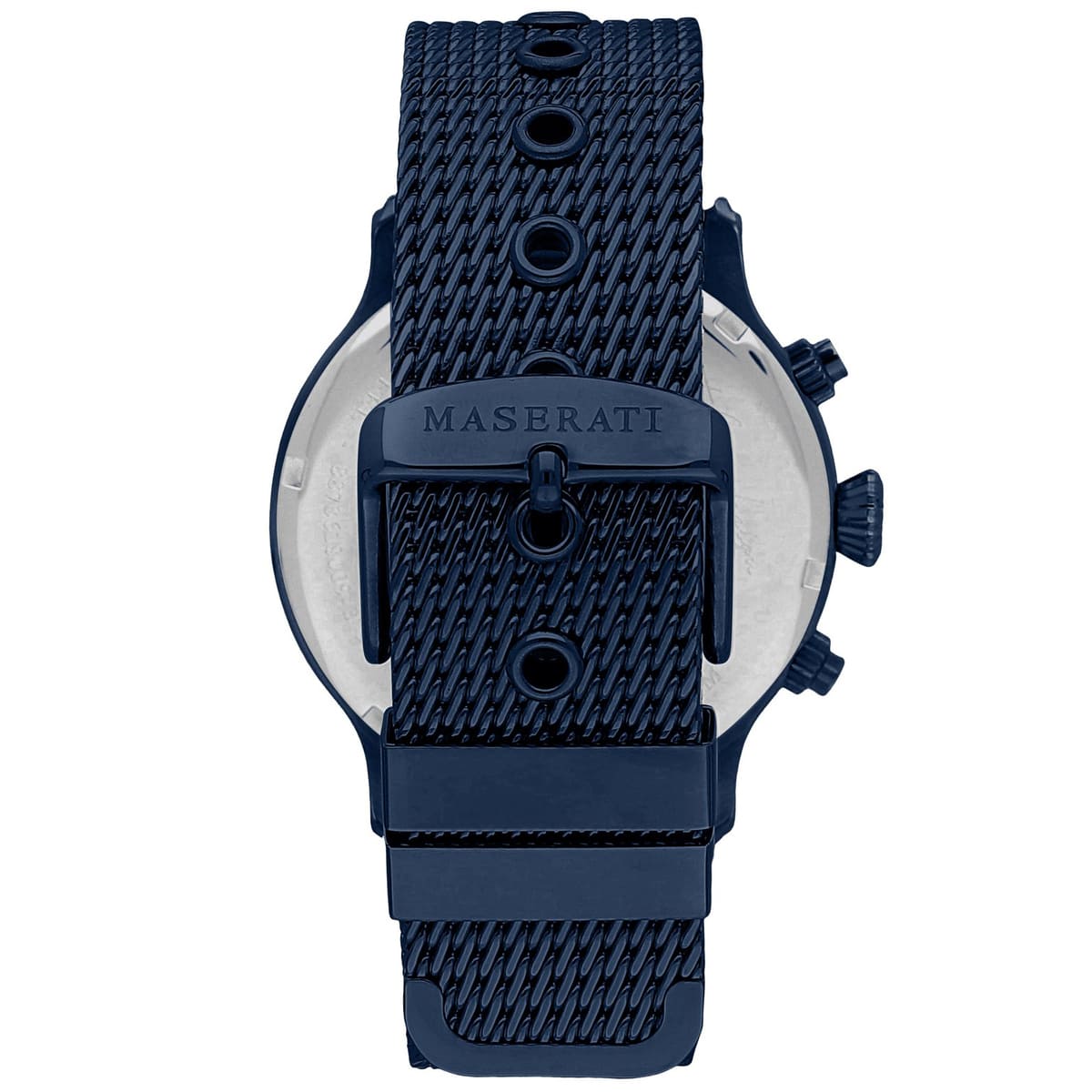 Caseback of Maserati Epoca R8873618010 men's quartz battery watch showing technical specs 100m water resistance and mesh strap