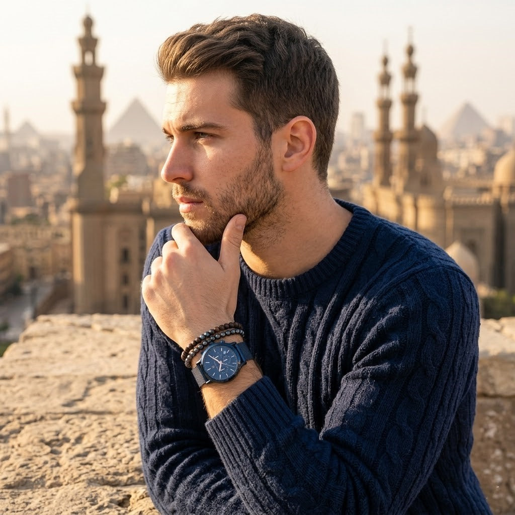 Elegant man wearing Maserati Epoca R8873618010 men's quartz battery watch with blue case and luxury blue dial