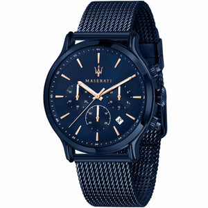 Maserati Epoca R8873618010 men's quartz battery watch with navy blue sunray dial, navy blue case, navy blue stainless steel mesh strap main view