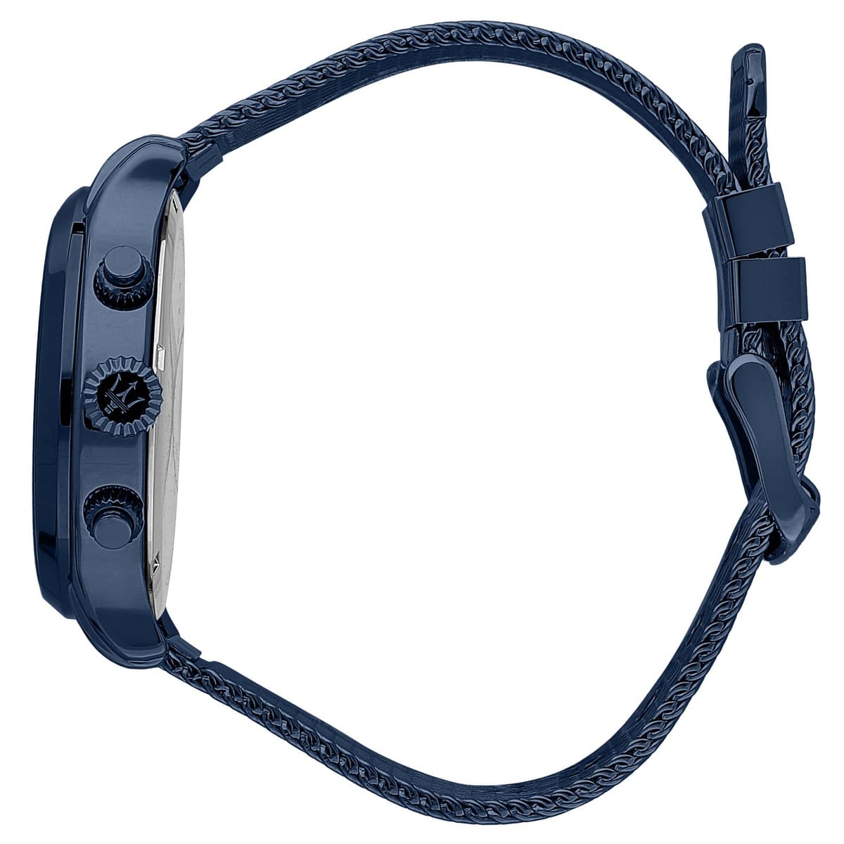 Side profile of Maserati Epoca R8873618010 men's quartz battery watch showing 11mm thickness and blue finish