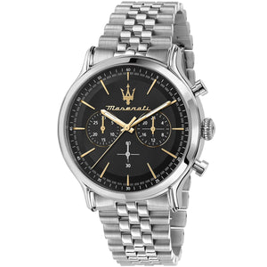 Maserati Epoca R8873618017 men's watch with silver case, black dial with gold accents, and silver jubilee bracelet