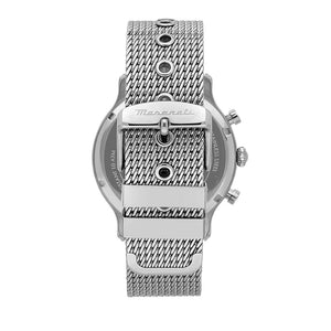 Caseback of Maserati Epoca R8873618022 men's quartz battery watch showing technical specs 100m water resistance and mesh strap