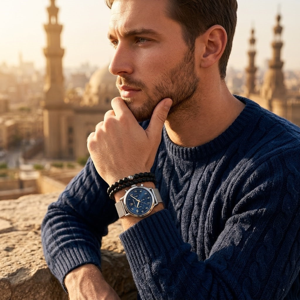 Elegant man wearing Maserati Epoca R8873618022 men's quartz battery watch with silver-tone case and luxury blue dial