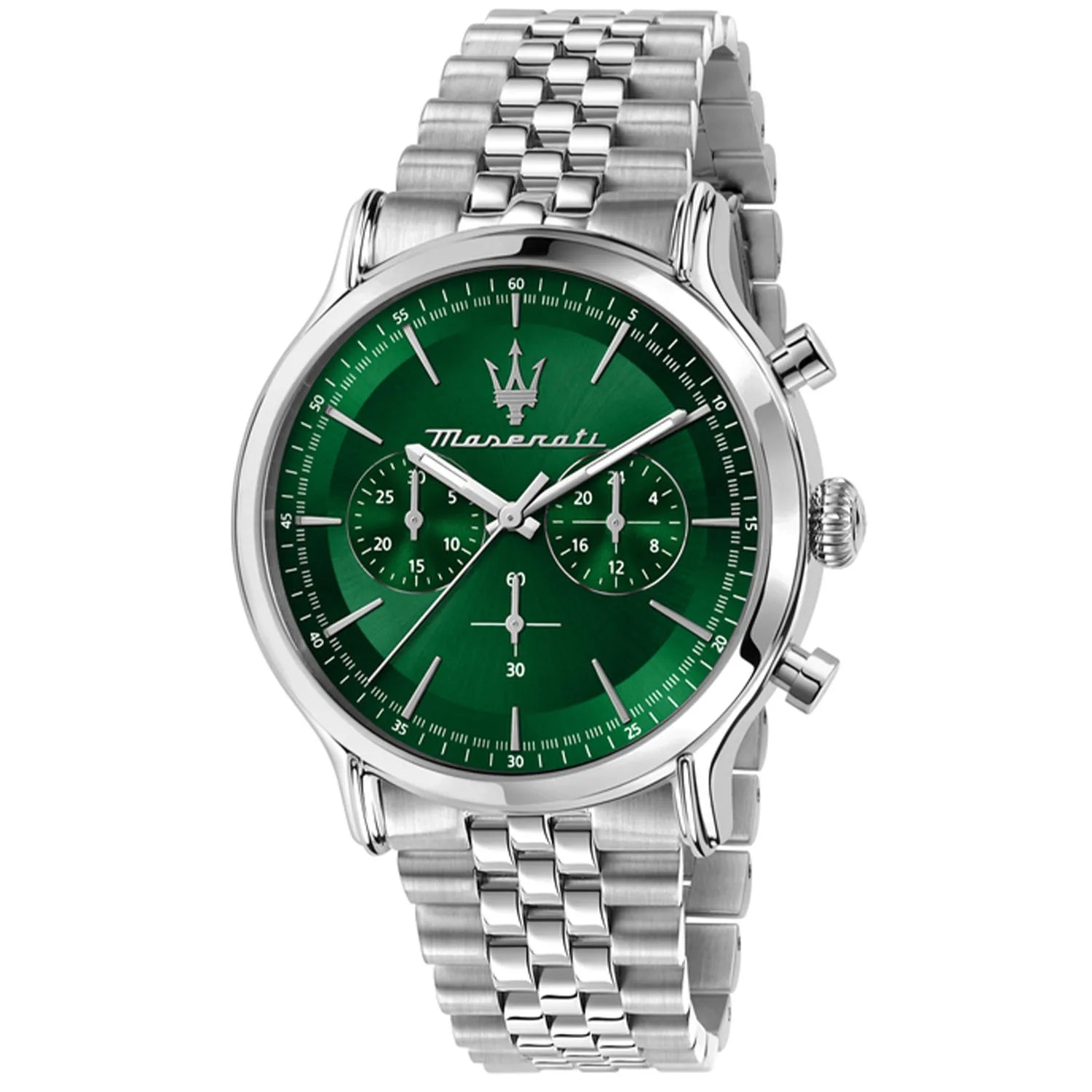 Maserati Epoca R8873618033 men's watch with silver case, green sunray dial, and silver jubilee bracelet