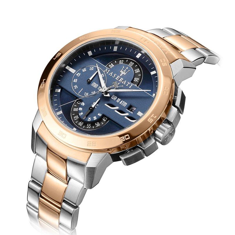Right angled view of Maserati Ingegno R8873619002 men's quartz battery watch highlighting rose gold bezel and technical dial details