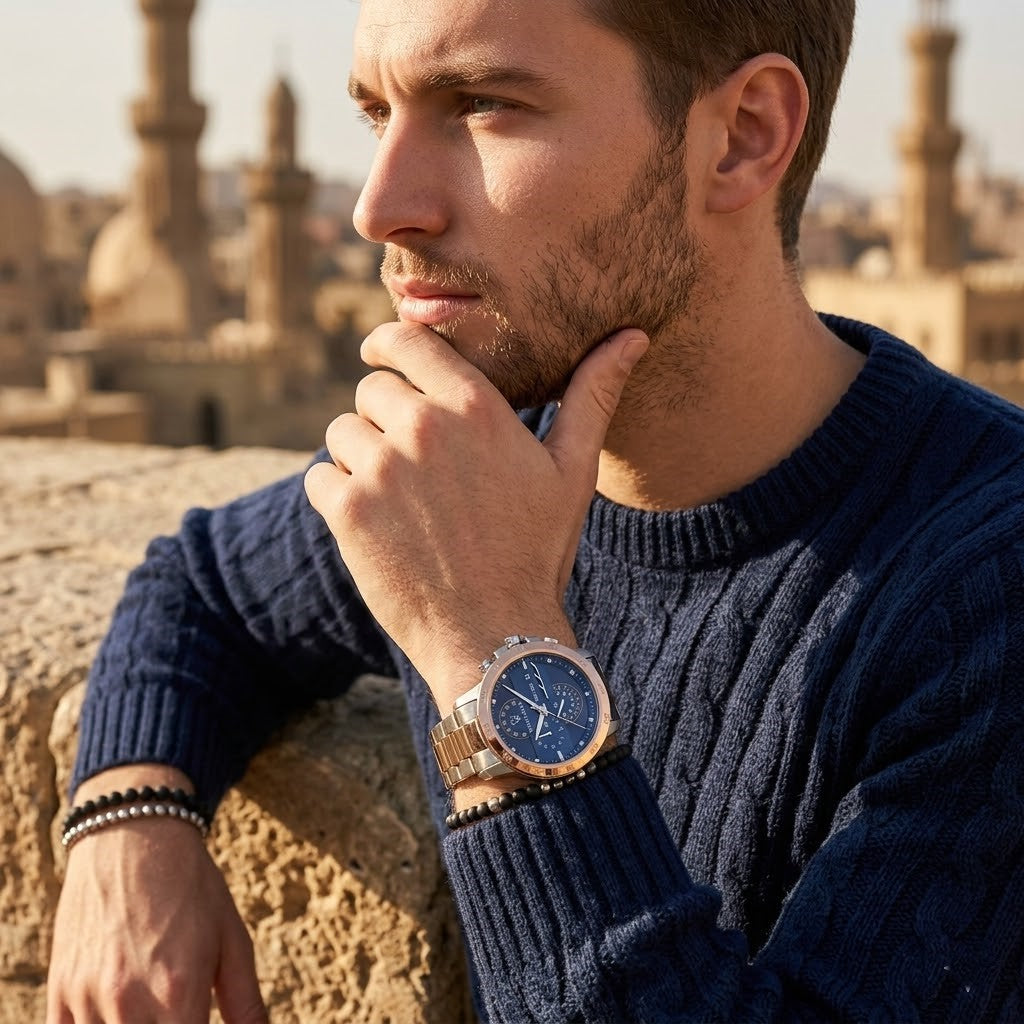 Elegant man wearing Maserati Ingegno R8873619002 men's quartz battery watch with two-tone case and multi-layered blue dial