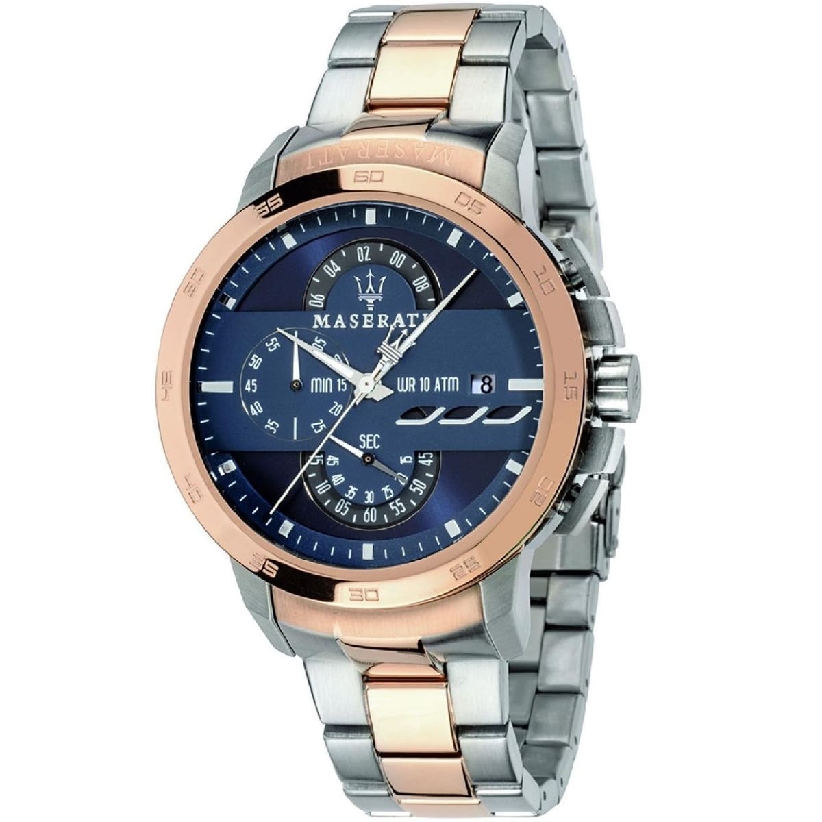 Maserati Ingegno R8873619002 men's quartz battery watch with blue dial, silver and rose gold-tone case, two-tone stainless steel bracelet main view