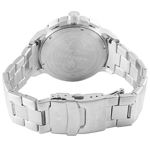 Caseback of Maserati Ingegno R8873619004 men's quartz battery watch showing technical specs 100m water resistance and metal bracelet