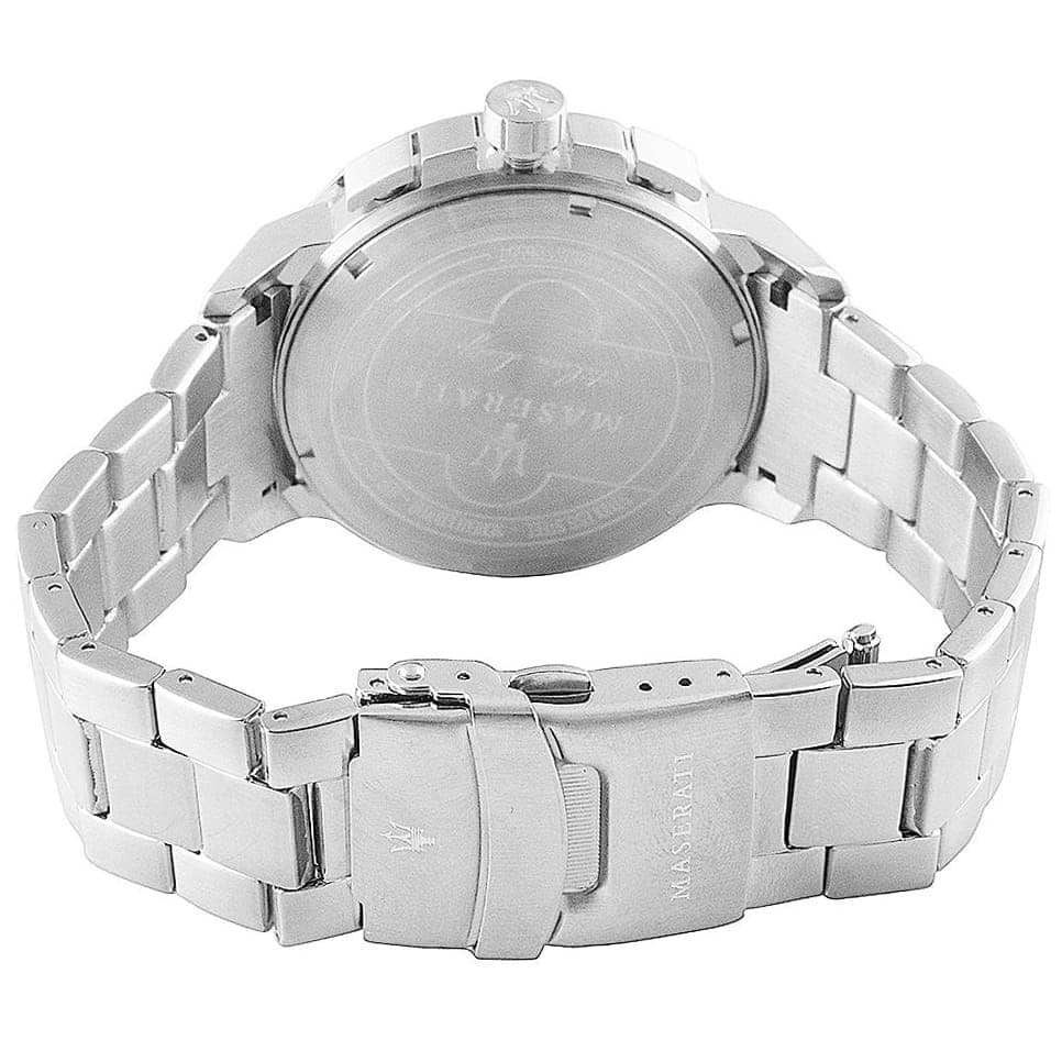 Caseback of Maserati Ingegno R8873619004 men's quartz battery watch showing technical specs 100m water resistance and metal bracelet