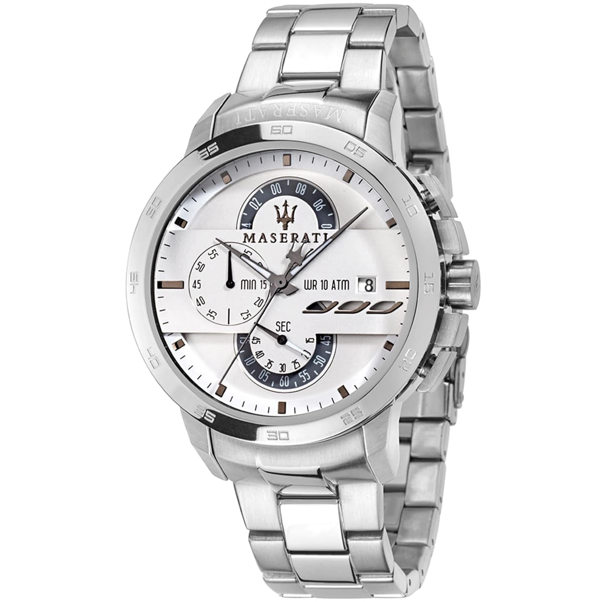 Maserati Ingegno R8873619004 men's quartz battery watch with white technical dial, silver-tone case, silver stainless steel bracelet main view