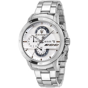 Maserati Ingegno R8873619004 men's quartz battery watch with white technical dial, silver-tone case, silver stainless steel bracelet main view
