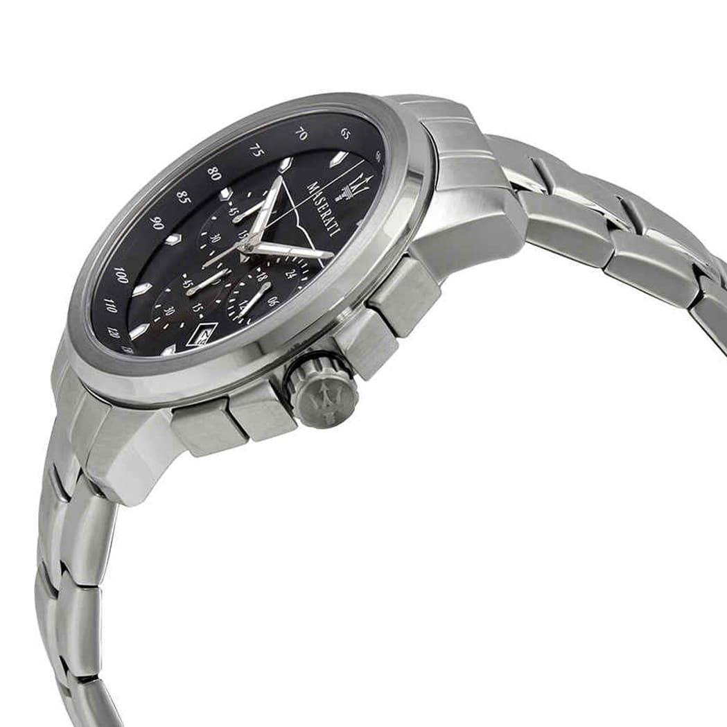 Right angled view of Maserati Successo R8873621001 men's quartz battery watch highlighting silver finish and chronograph details