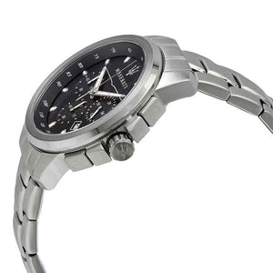 Right angled view of Maserati Successo R8873621001 men's quartz battery watch highlighting silver finish and chronograph details