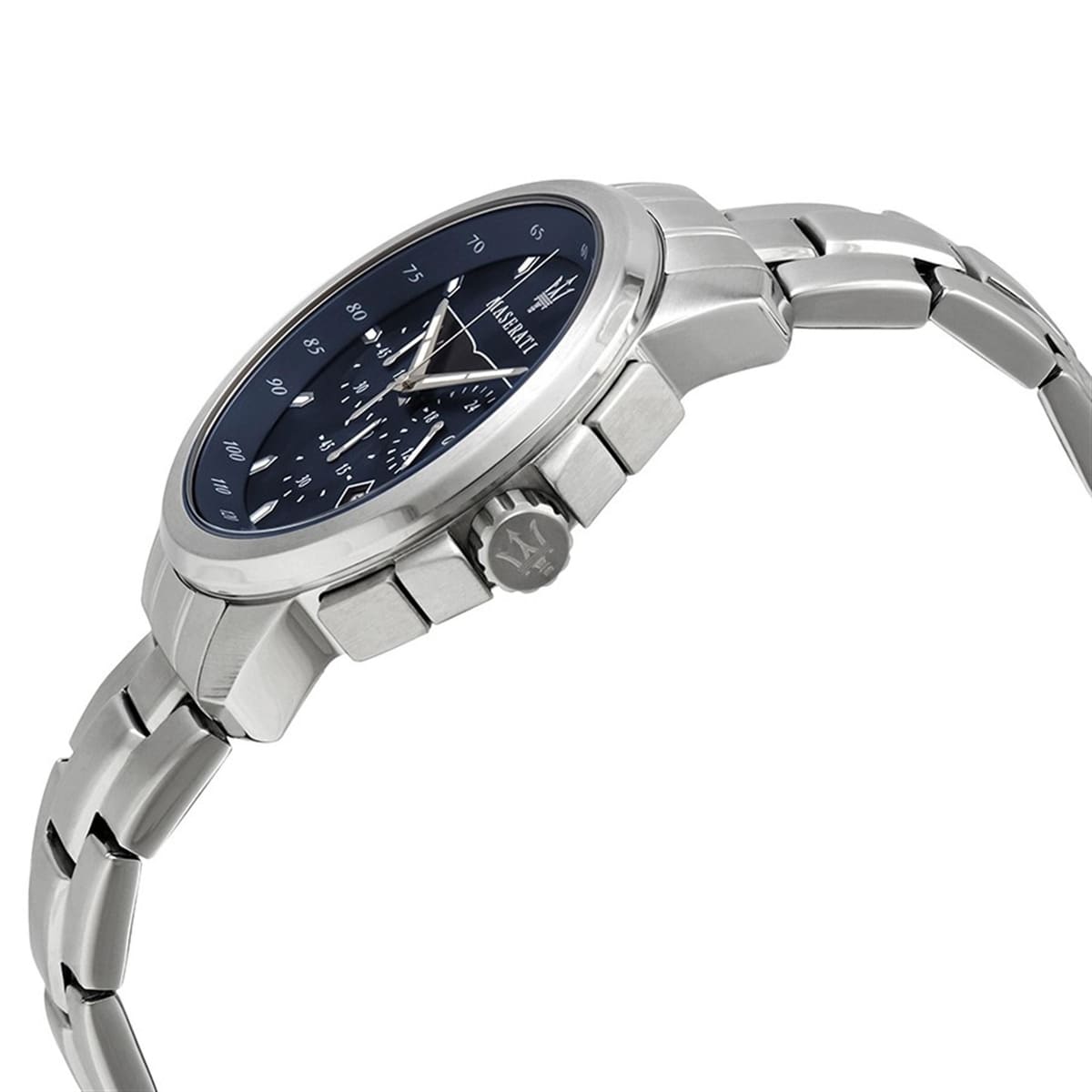 Left angled view of Maserati Successo R8873621002 men's quartz battery watch showing silver stainless steel bracelet and case profile