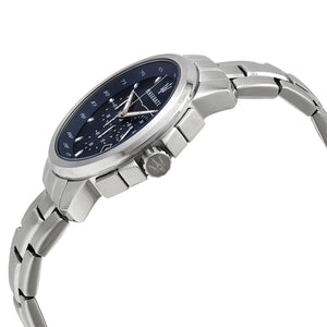 Left angled view of Maserati Successo R8873621002 men's quartz battery watch showing silver stainless steel bracelet and case profile