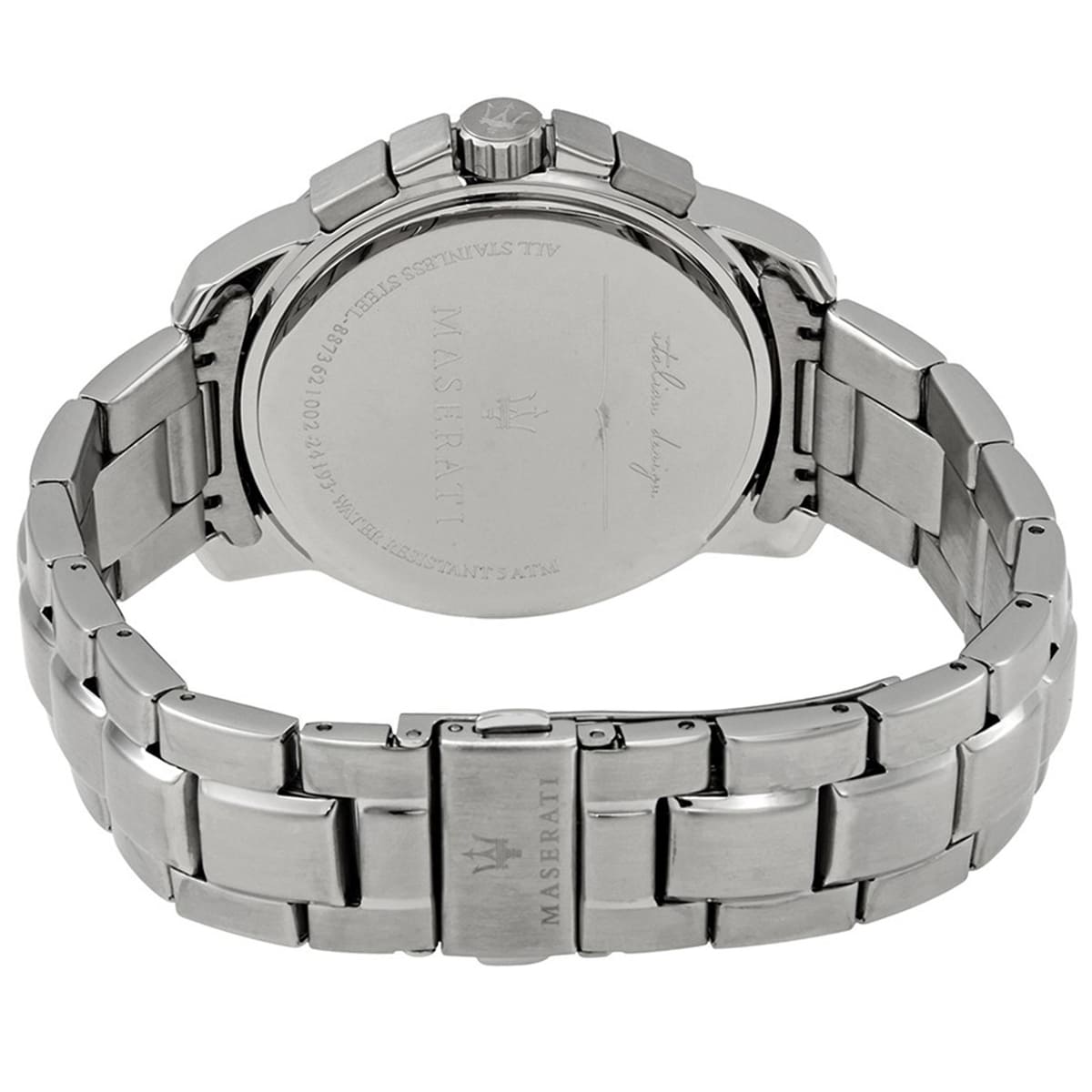 Caseback of Maserati Successo R8873621002 men's quartz battery watch showing technical specs 50m water resistance and metal bracelet