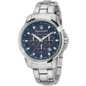 Maserati Successo R8873621002 men's quartz battery watch with blue sunray dial, silver-tone case, silver stainless steel bracelet main view