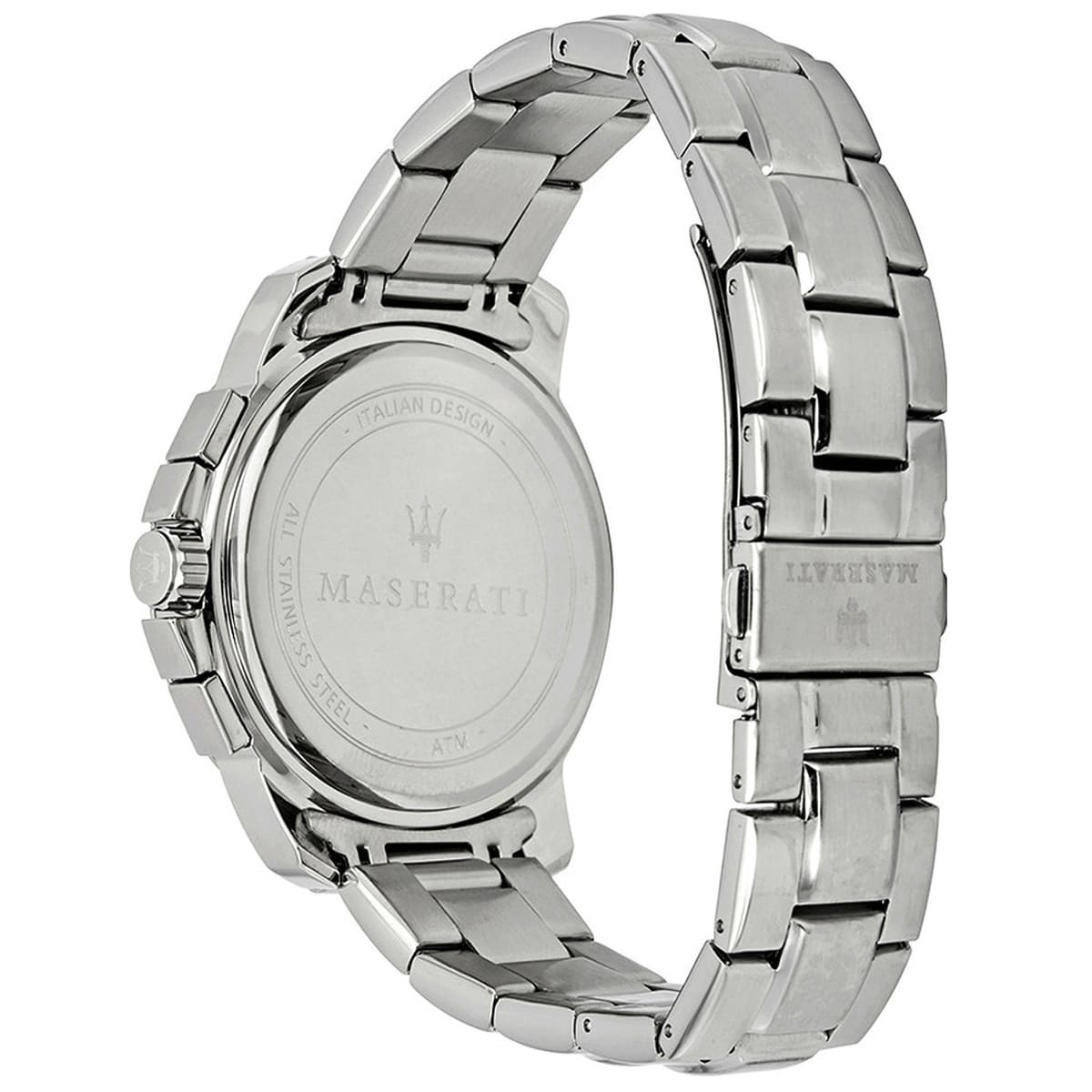 Caseback of Maserati Successo R8873621006 men's quartz battery watch showing technical specs 50m water resistance and metal bracelet