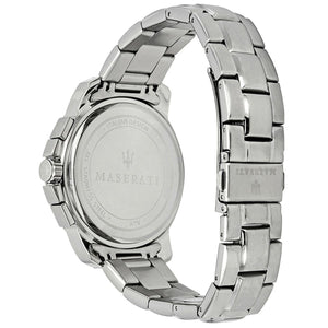 Caseback of Maserati Successo R8873621006 men's quartz battery watch showing technical specs 50m water resistance and metal bracelet