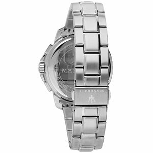 Silver-tone deployment clasp on Maserati Successo R8873621006 men's quartz battery silver metal bracelet watch