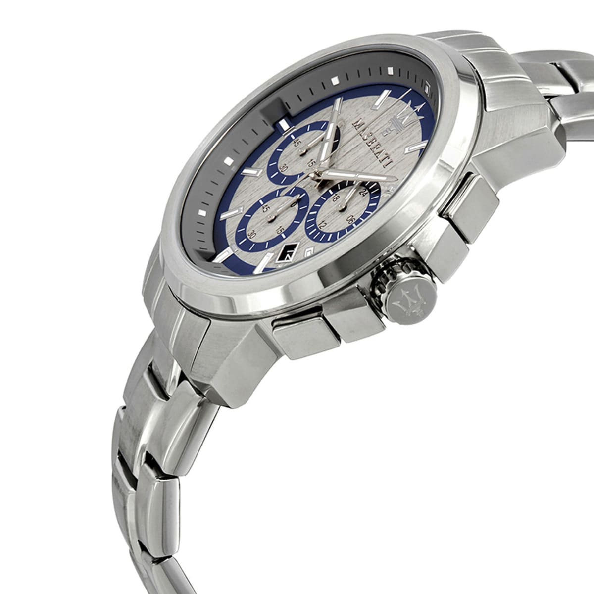 Elegant man wearing Maserati Successo R8873621006 men's quartz battery watch with silver case and luxury gray dial