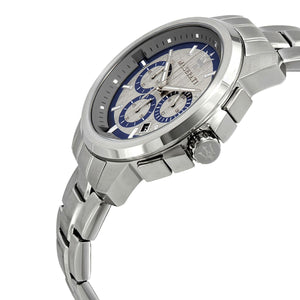 Elegant man wearing Maserati Successo R8873621006 men's quartz battery watch with silver case and luxury gray dial