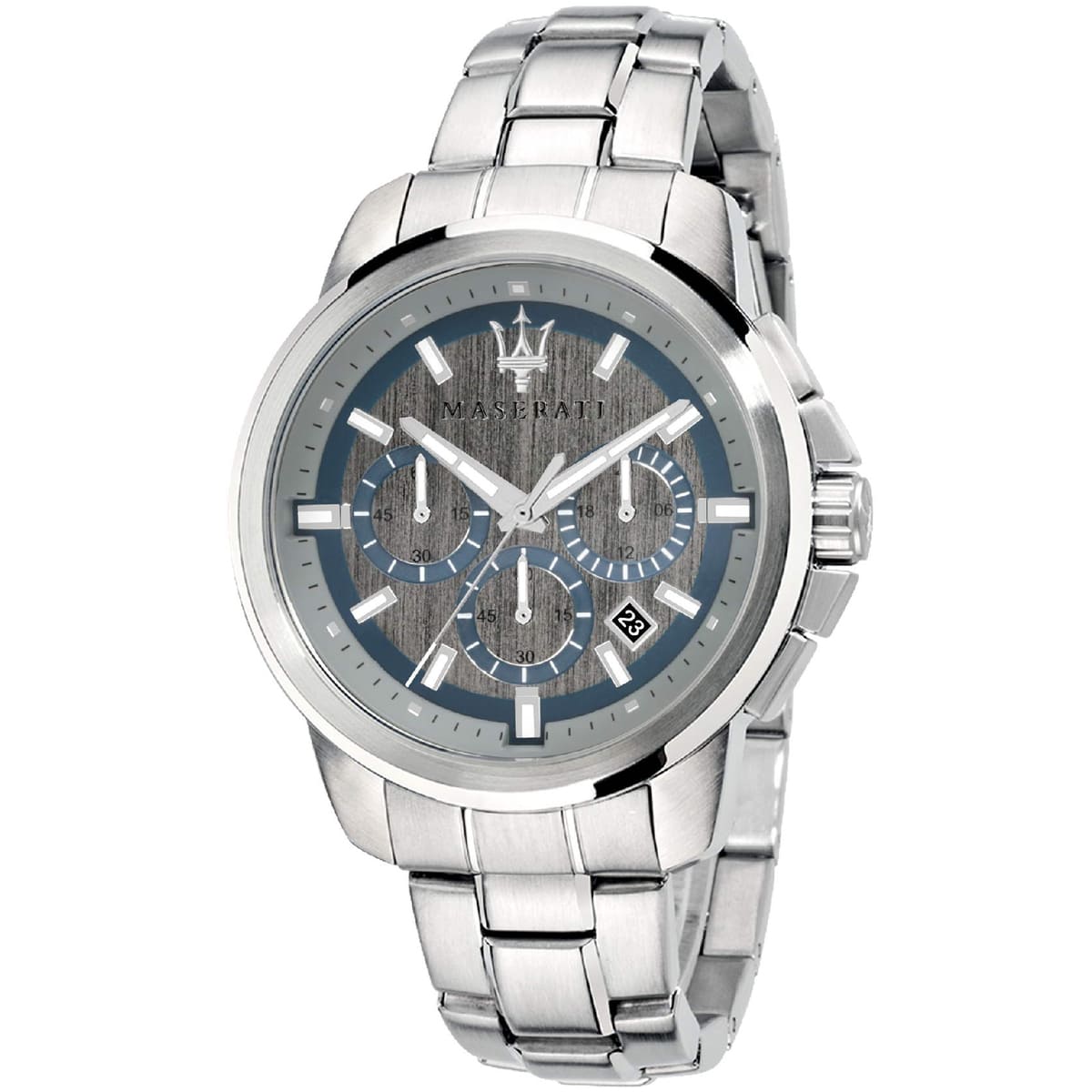 Maserati Successo R8873621006 men's quartz battery watch with gray brushed dial, blue accents, silver-tone case and stainless steel bracelet main view
