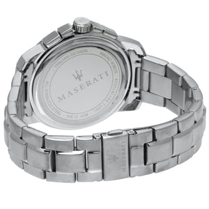 Caseback of Maserati Successo R8873621006 men's quartz battery watch showing technical specs 50m water resistance and metal bracelet