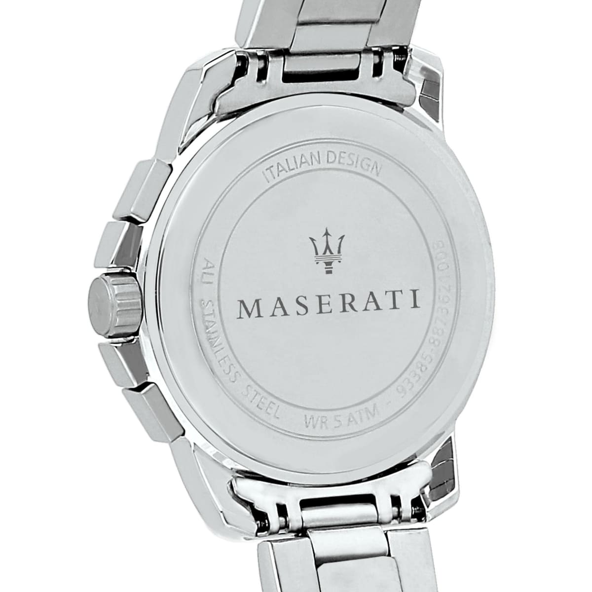Caseback of Maserati Successo R8873621009 men's quartz battery watch showing technical specs 50m water resistance and metal bracelet
