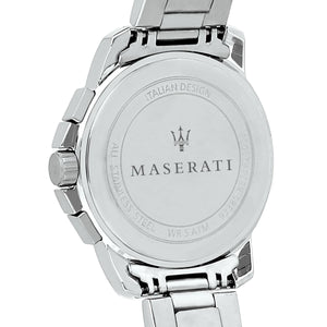 Caseback of Maserati Successo R8873621009 men's quartz battery watch showing technical specs 50m water resistance and metal bracelet