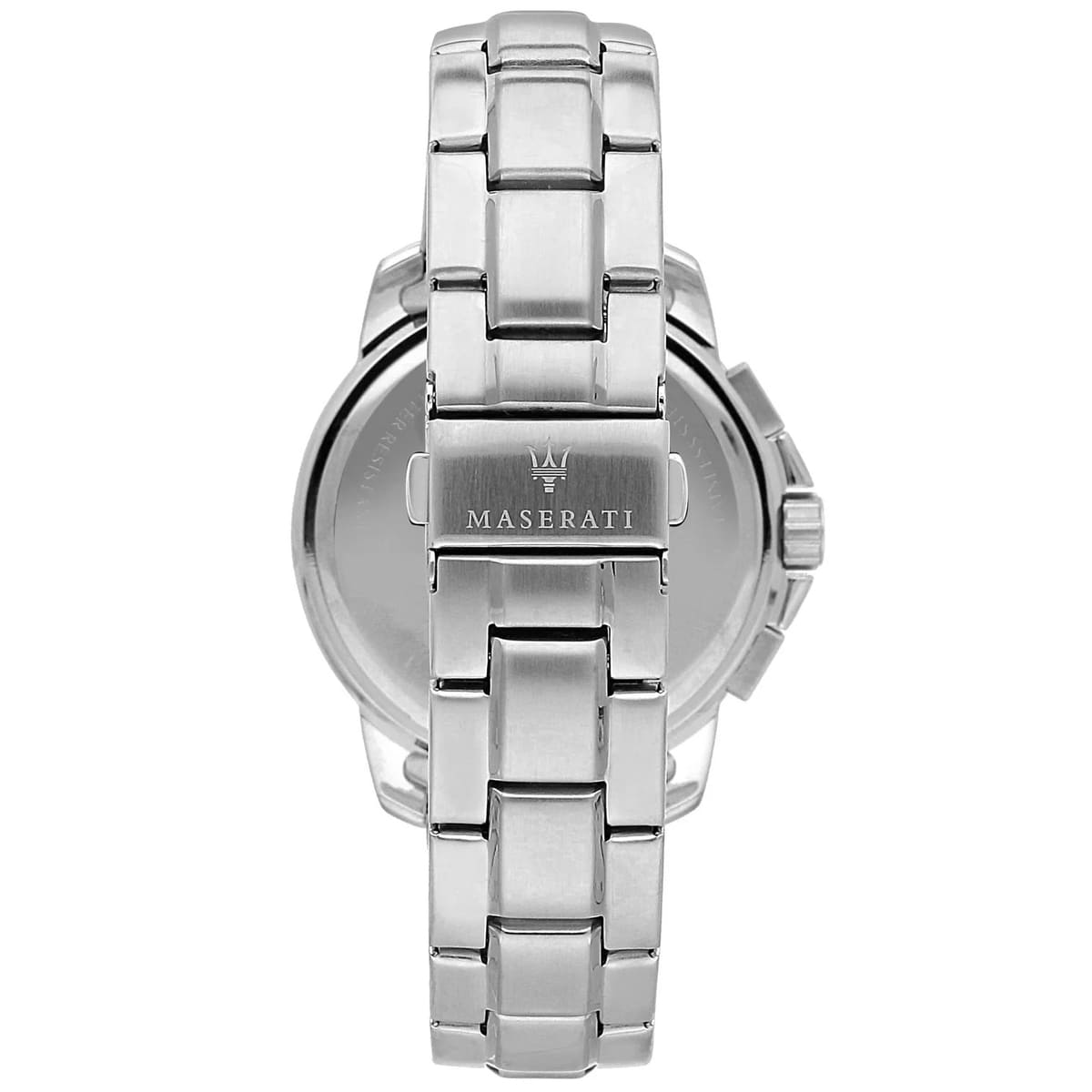 Silver-tone deployment clasp on Maserati Successo R8873621009 men's quartz battery silver metal bracelet watch