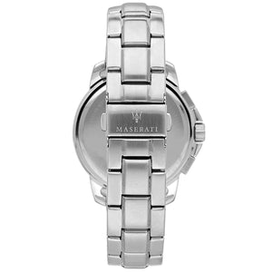 Silver-tone deployment clasp on Maserati Successo R8873621009 men's quartz battery silver metal bracelet watch