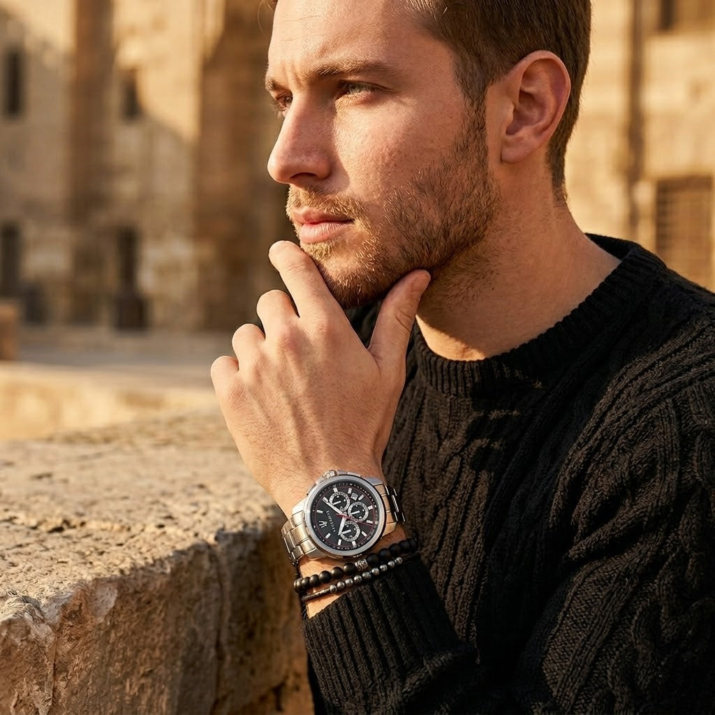 Elegant man wearing Maserati Successo R8873621009 men's quartz battery watch with silver case and luxury black dial