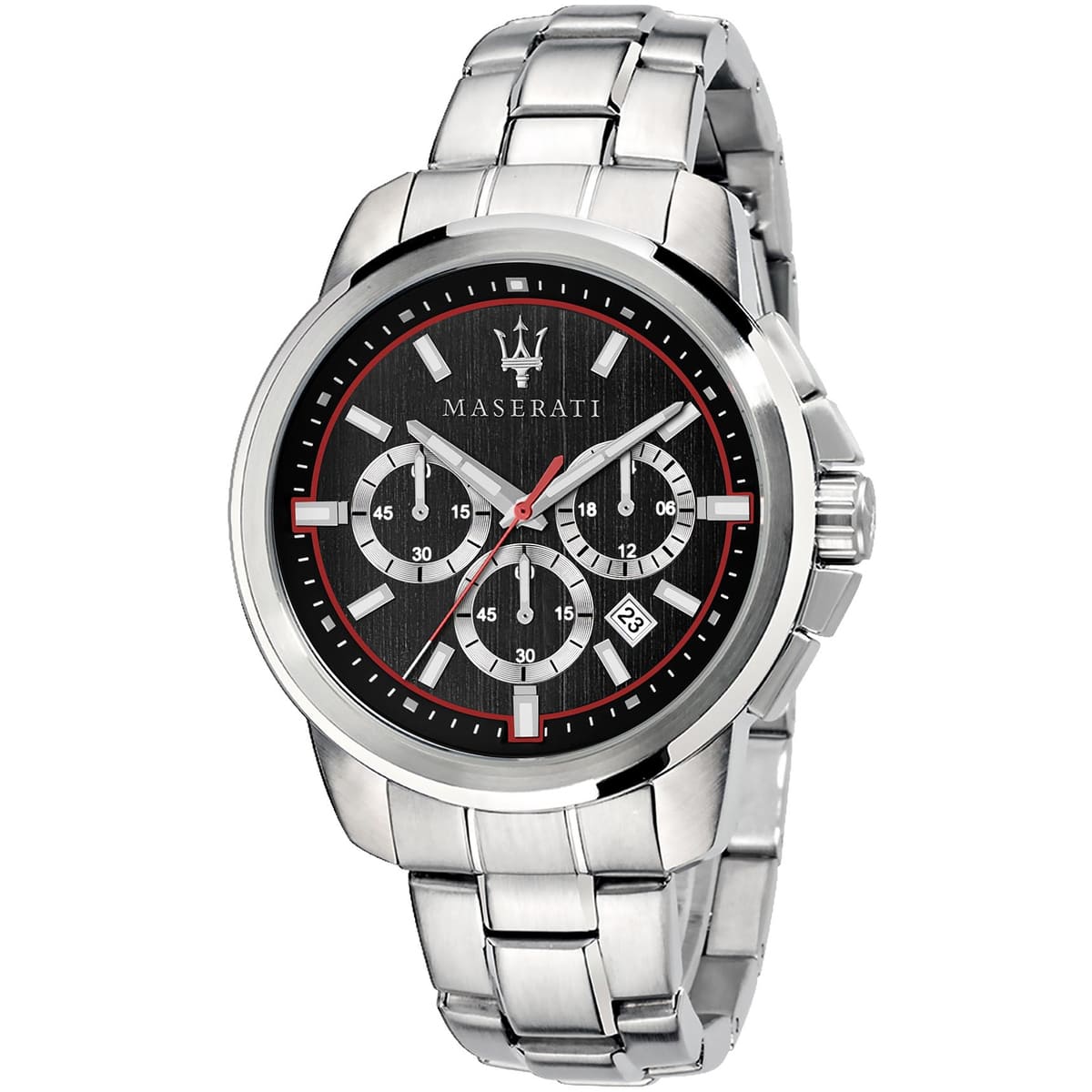 Maserati Successo R8873621009 men's quartz battery watch with black brushed dial, red accents, silver-tone case and stainless steel bracelet main view