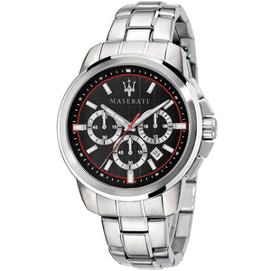Maserati Successo R8873621009 men's quartz battery watch with black brushed dial, red accents, silver-tone case and stainless steel bracelet main view