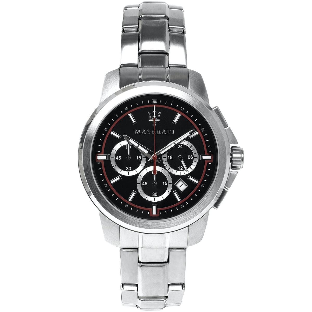 Silver Maserati watch with black dial on a white background