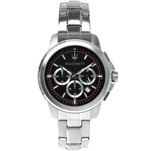 Silver Maserati watch with black dial on a white background