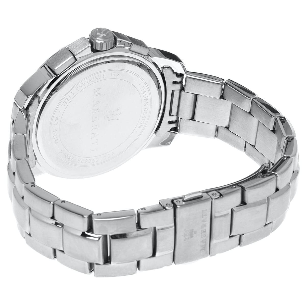 Caseback of Maserati Successo R8873621009 men's quartz battery watch showing technical specs 50m water resistance and metal bracelet