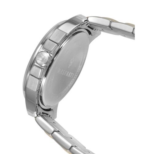 Left angled view of Maserati Successo R8873621016 men's quartz battery watch showing two-tone stainless steel bracelet and case profile