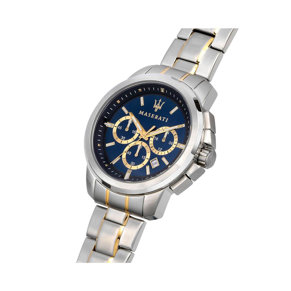 Right angled view of Maserati Successo R8873621016 men's quartz battery watch highlighting gold-tone finish and chronograph sub-dial details