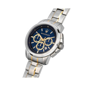 Right angled view of Maserati Successo R8873621016 men's quartz battery watch highlighting gold-tone finish and chronograph sub-dial details