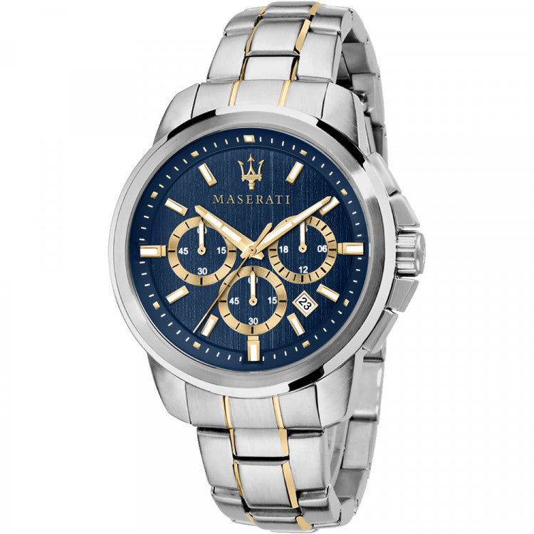 Maserati Successo R8873621016 men's quartz battery watch with blue brushed dial, gold-tone accents, silver-tone case, two-tone stainless steel bracelet main view